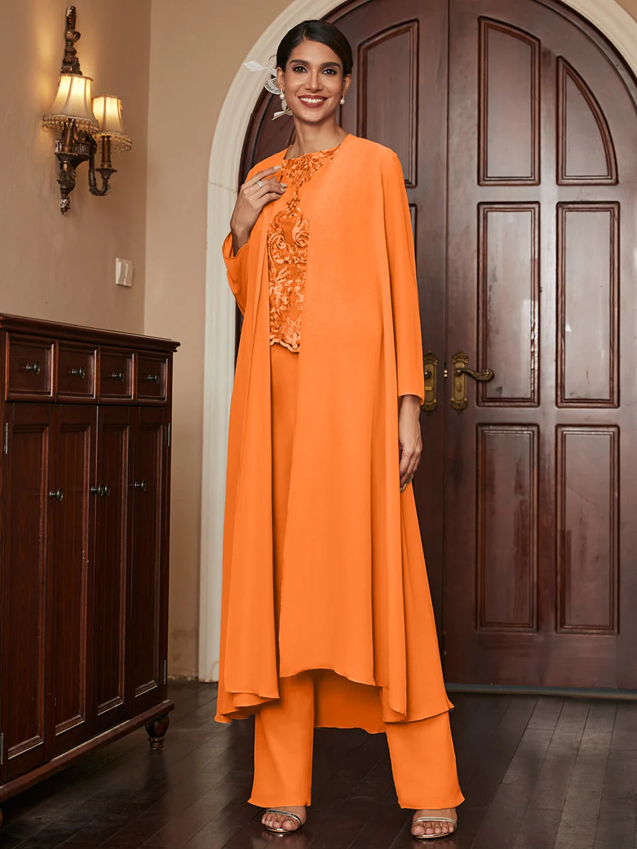 Chiffon Scoop Long Sleeves 3 Pieces Pantsuits with Appliques & Jacket - Image 73
