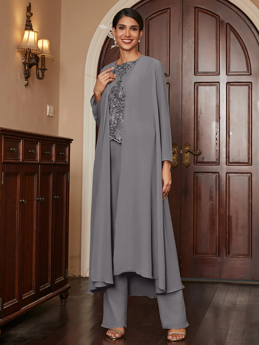 Chiffon Scoop Long Sleeves 3 Pieces Pantsuits with Appliques & Jacket - Image 74