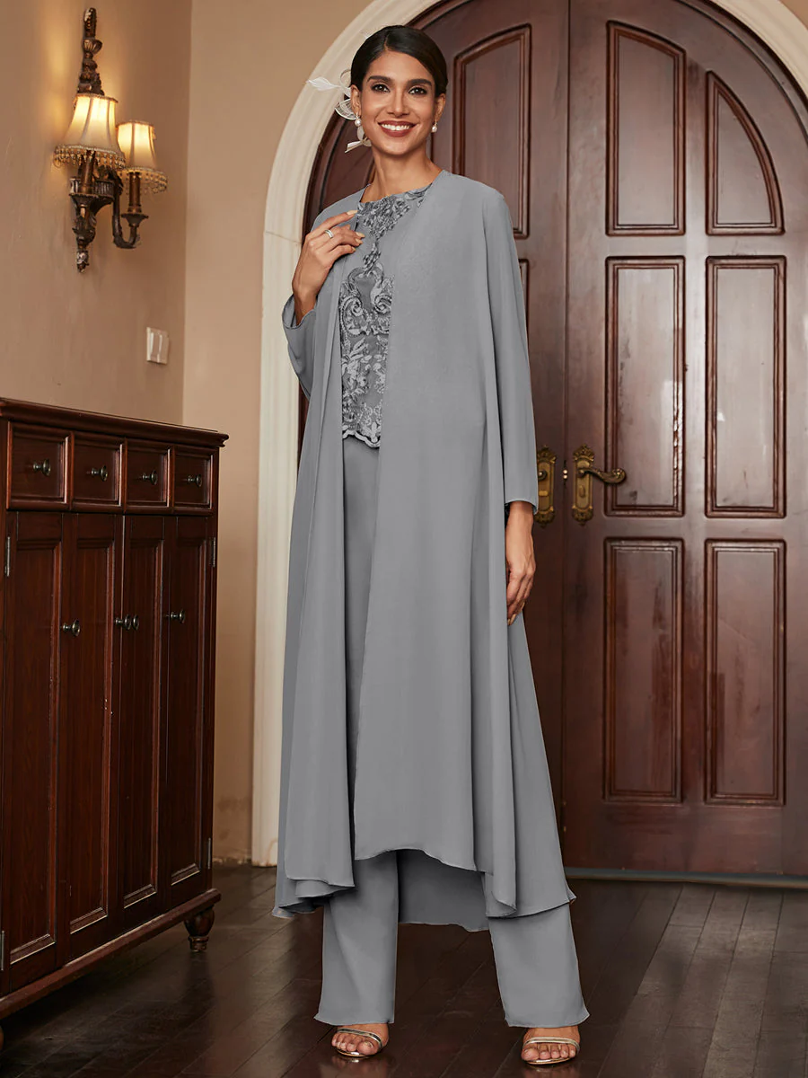 Chiffon Scoop Long Sleeves 3 Pieces Pantsuits with Appliques & Jacket - Image 75
