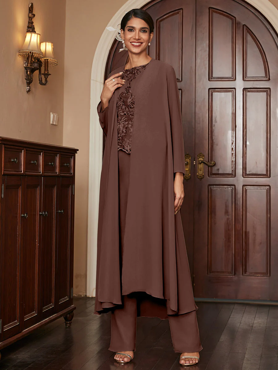 Chiffon Scoop Long Sleeves 3 Pieces Pantsuits with Appliques & Jacket - Image 76