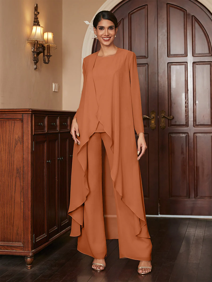 Chiffon Scoop Long Sleeves 3 Pieces Pantsuits with Jacket - Image 10