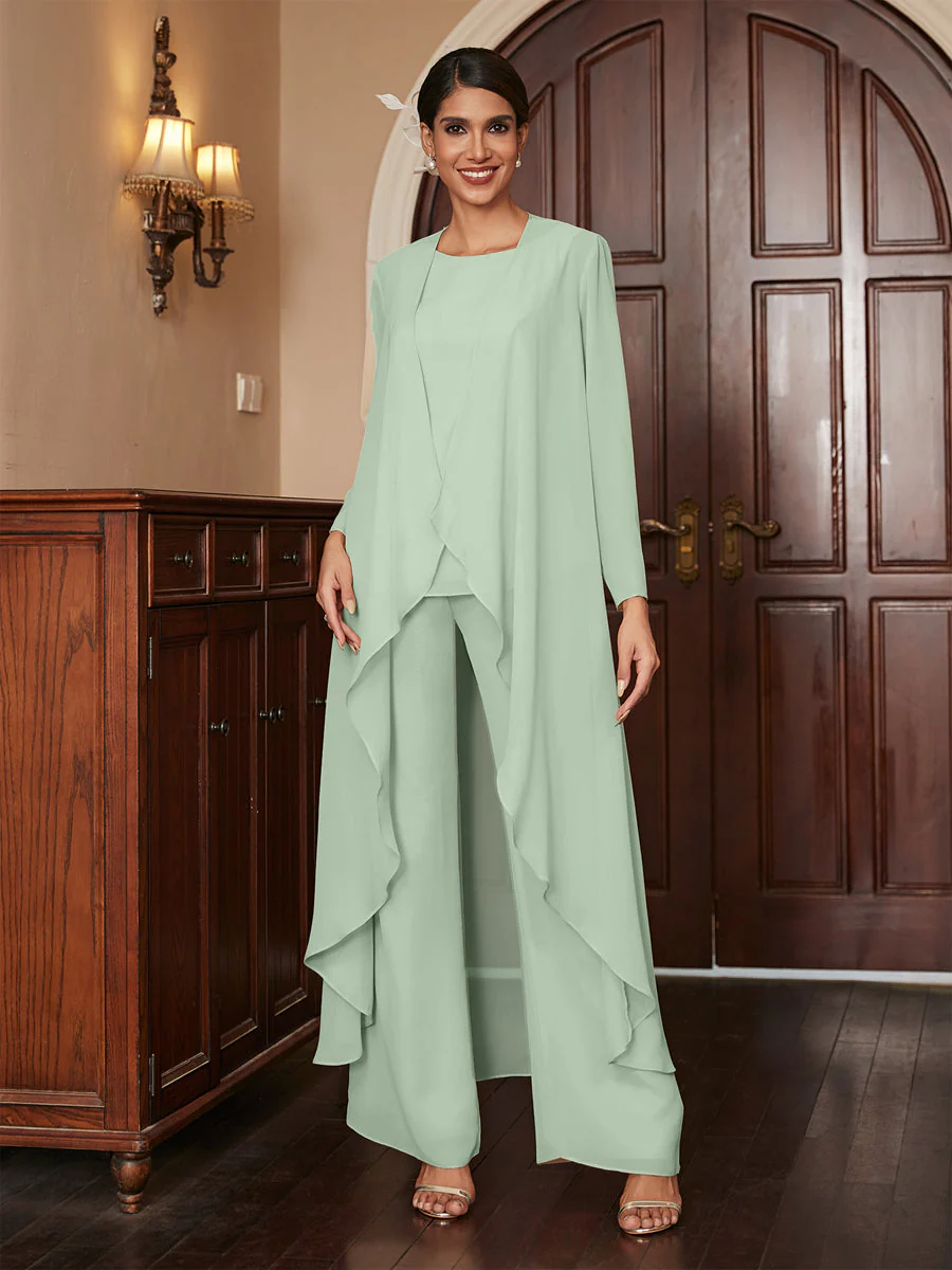 Chiffon Scoop Long Sleeves 3 Pieces Pantsuits with Jacket - Image 11