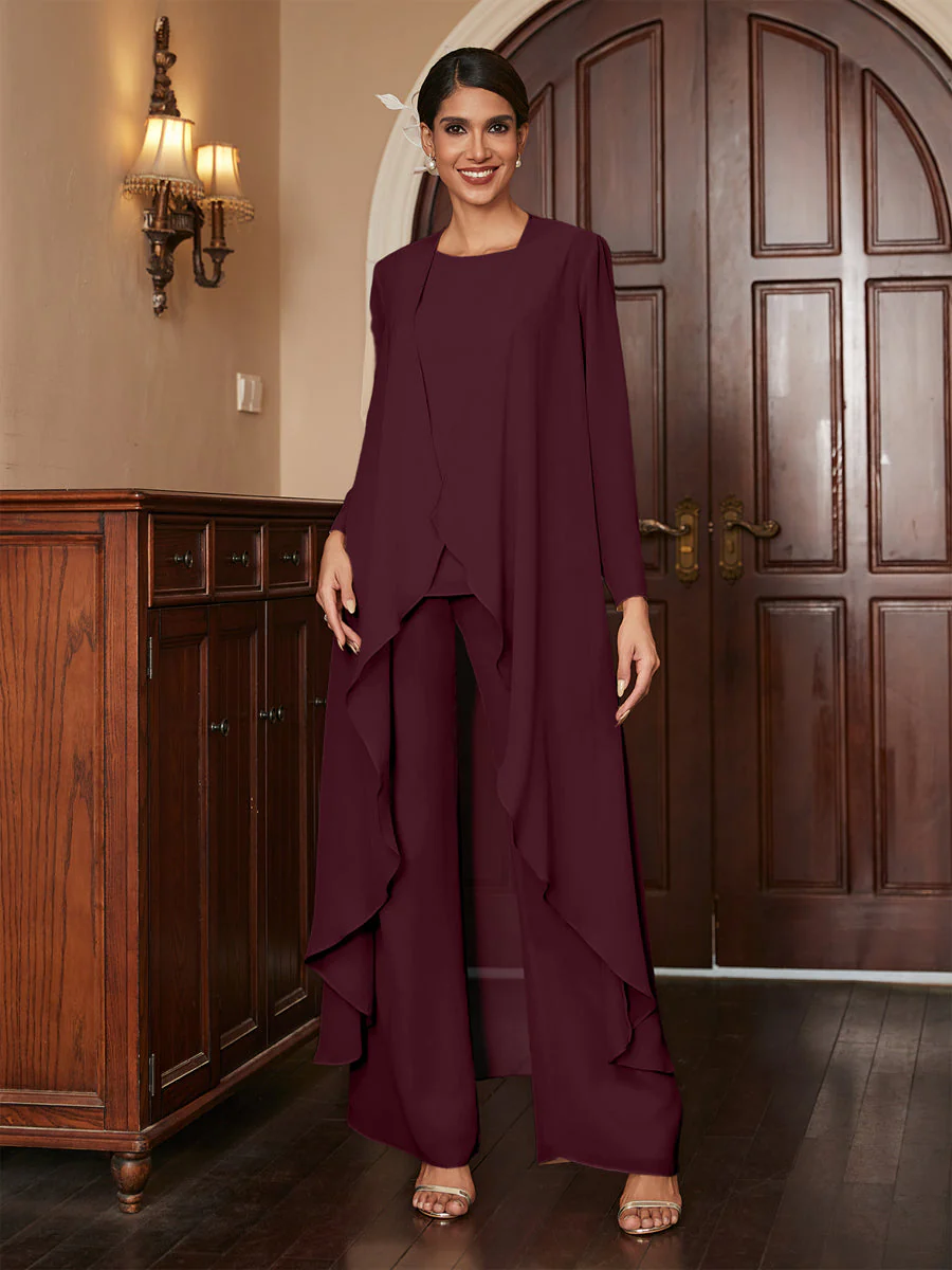 Chiffon Scoop Long Sleeves 3 Pieces Pantsuits with Jacket - Image 13