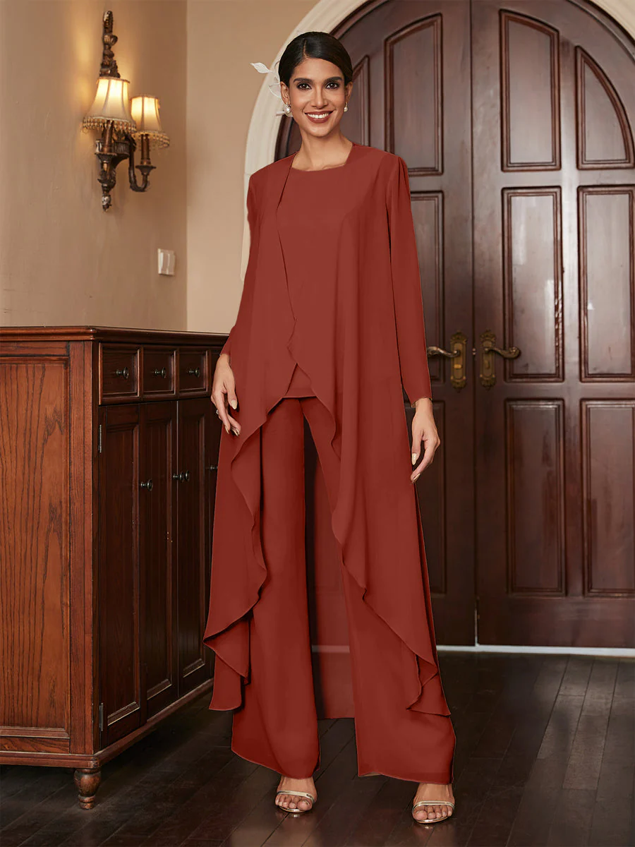 Chiffon Scoop Long Sleeves 3 Pieces Pantsuits with Jacket - Image 14