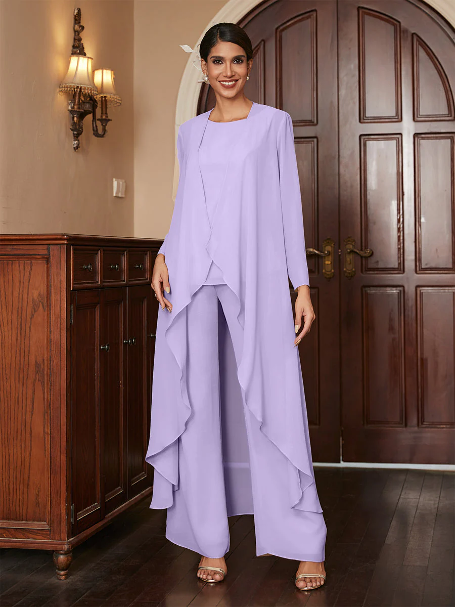 Chiffon Scoop Long Sleeves 3 Pieces Pantsuits with Jacket - Image 15