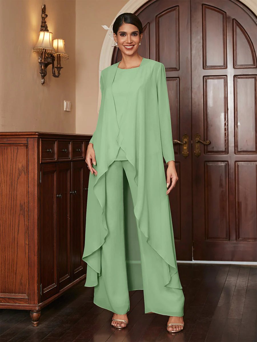 Chiffon Scoop Long Sleeves 3 Pieces Pantsuits with Jacket - Image 17