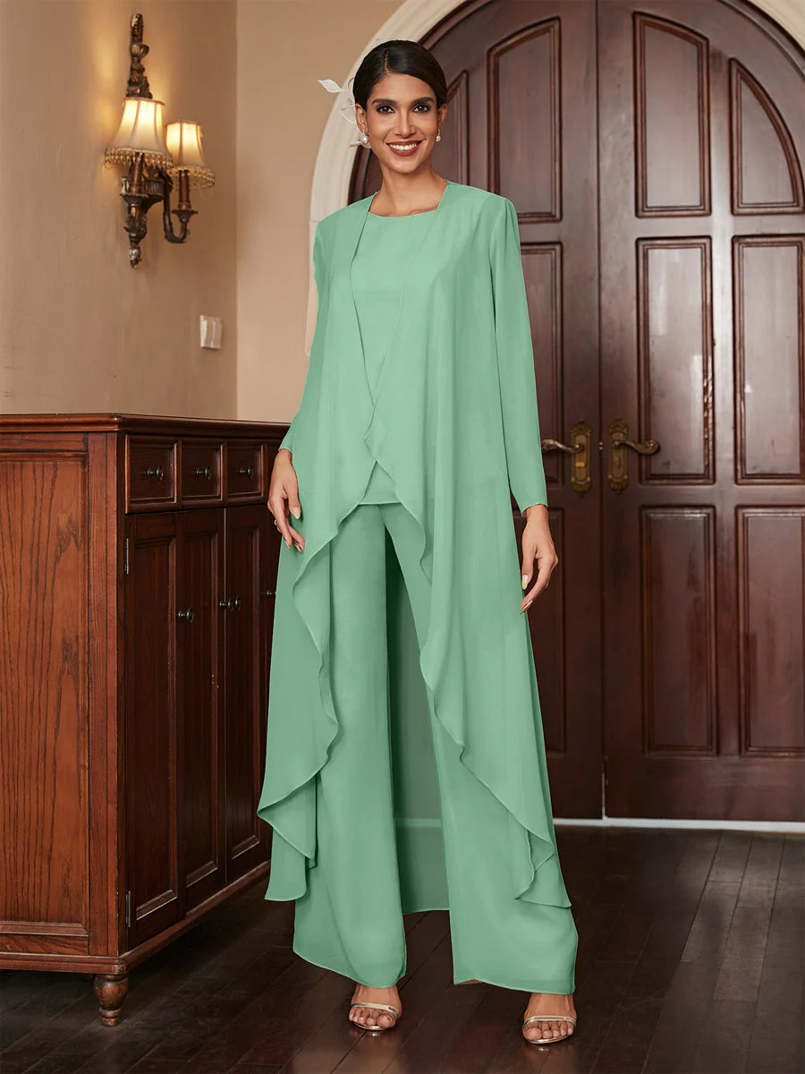 Chiffon Scoop Long Sleeves 3 Pieces Pantsuits with Jacket - Image 18