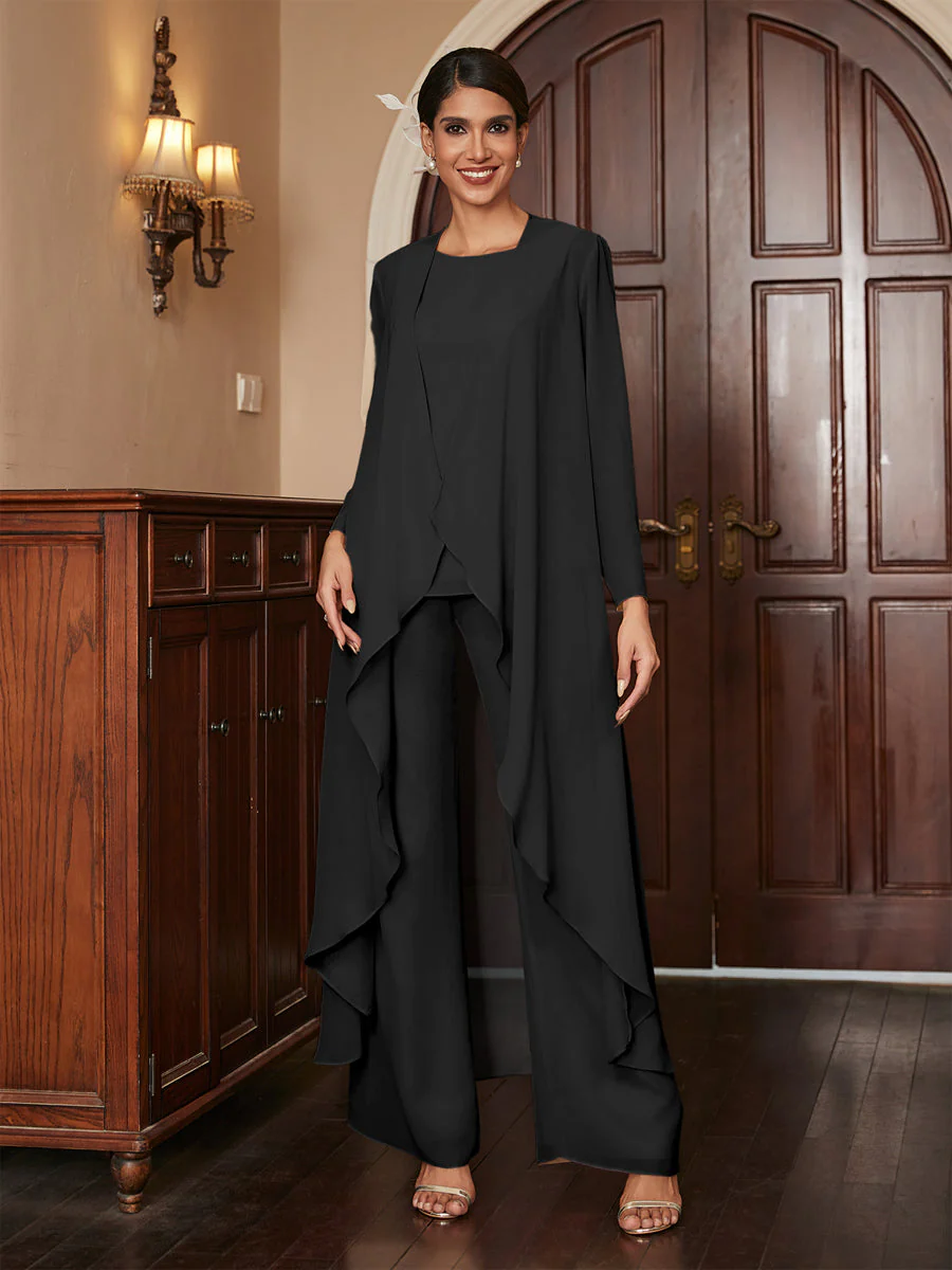Chiffon Scoop Long Sleeves 3 Pieces Pantsuits with Jacket - Image 19