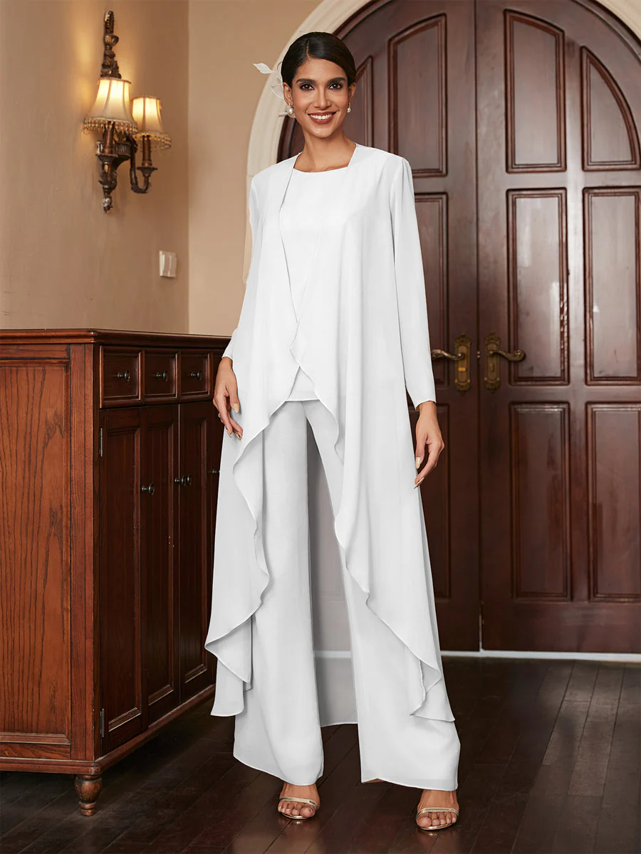 Chiffon Scoop Long Sleeves 3 Pieces Pantsuits with Jacket - Image 20
