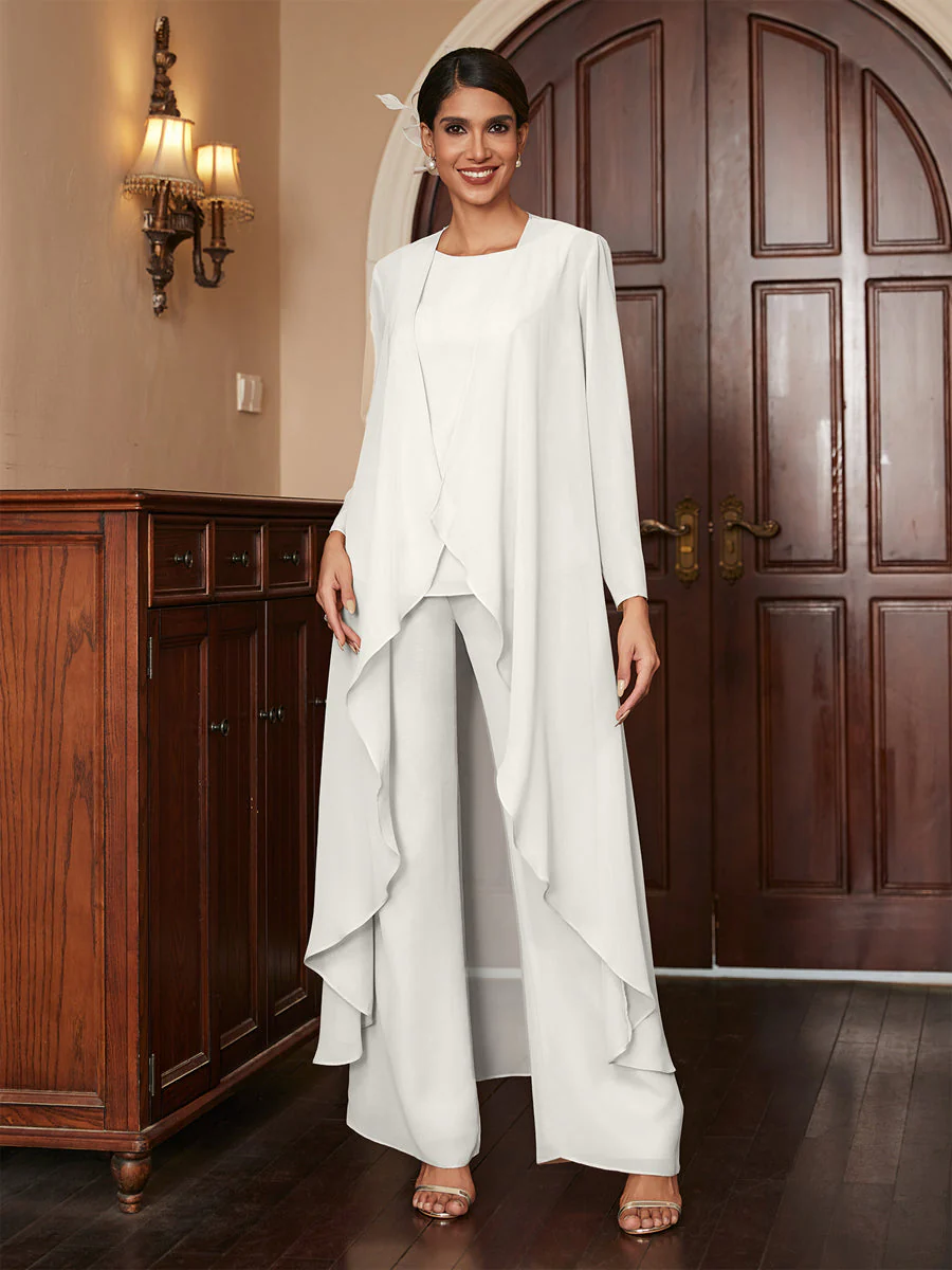 Chiffon Scoop Long Sleeves 3 Pieces Pantsuits with Jacket - Image 21