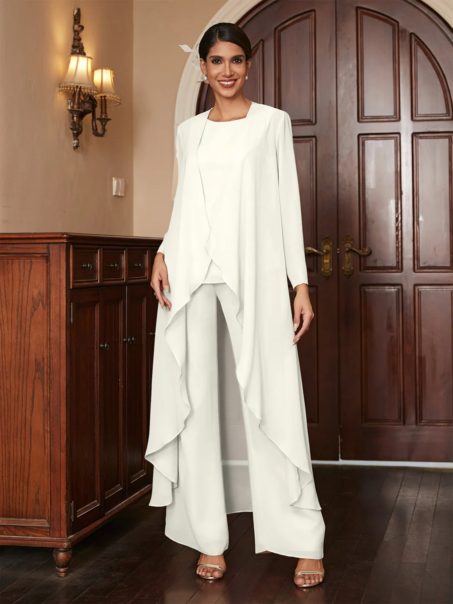 Chiffon Scoop Long Sleeves 3 Pieces Pantsuits with Jacket - Image 22