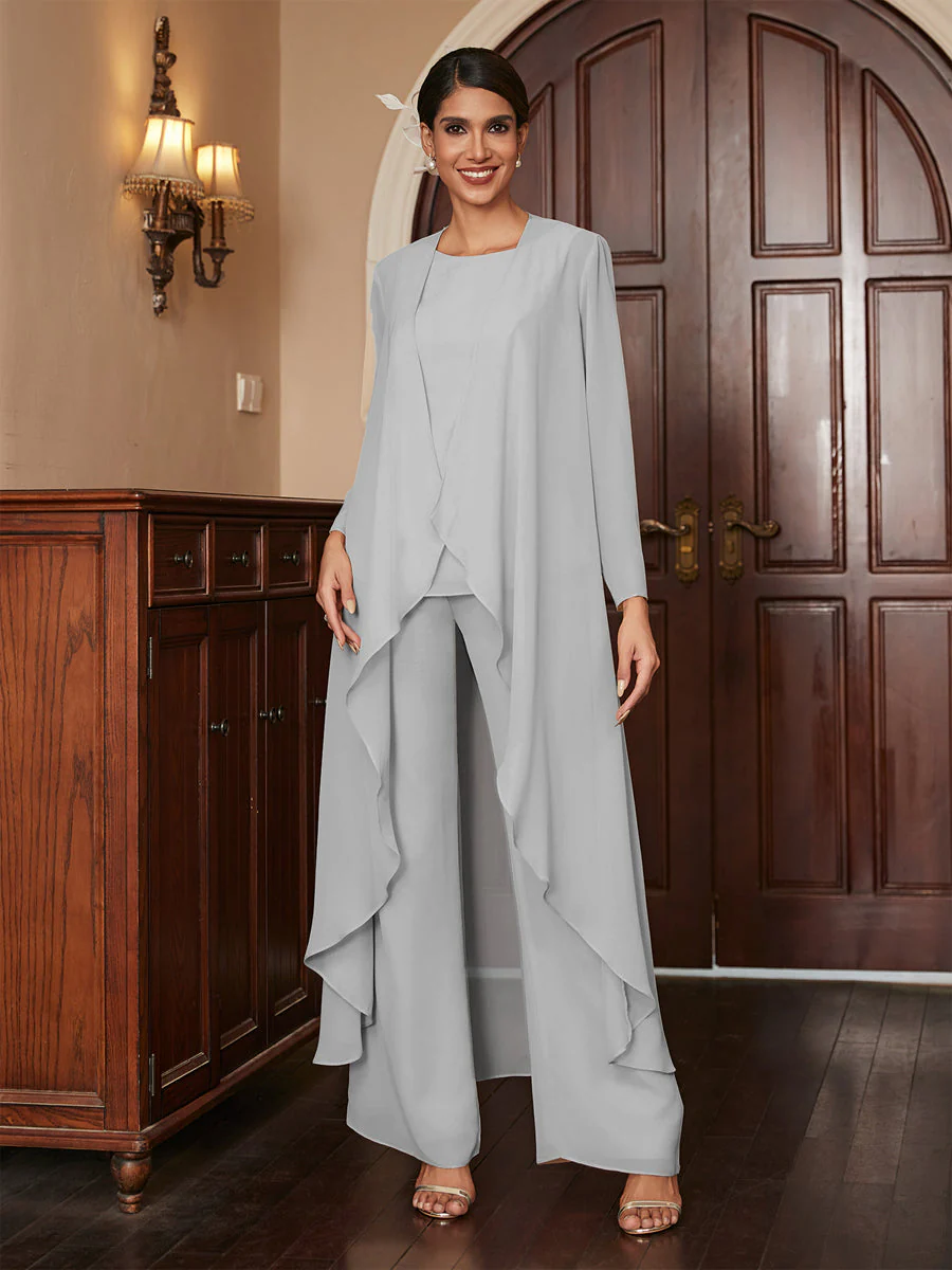 Chiffon Scoop Long Sleeves 3 Pieces Pantsuits with Jacket - Image 23
