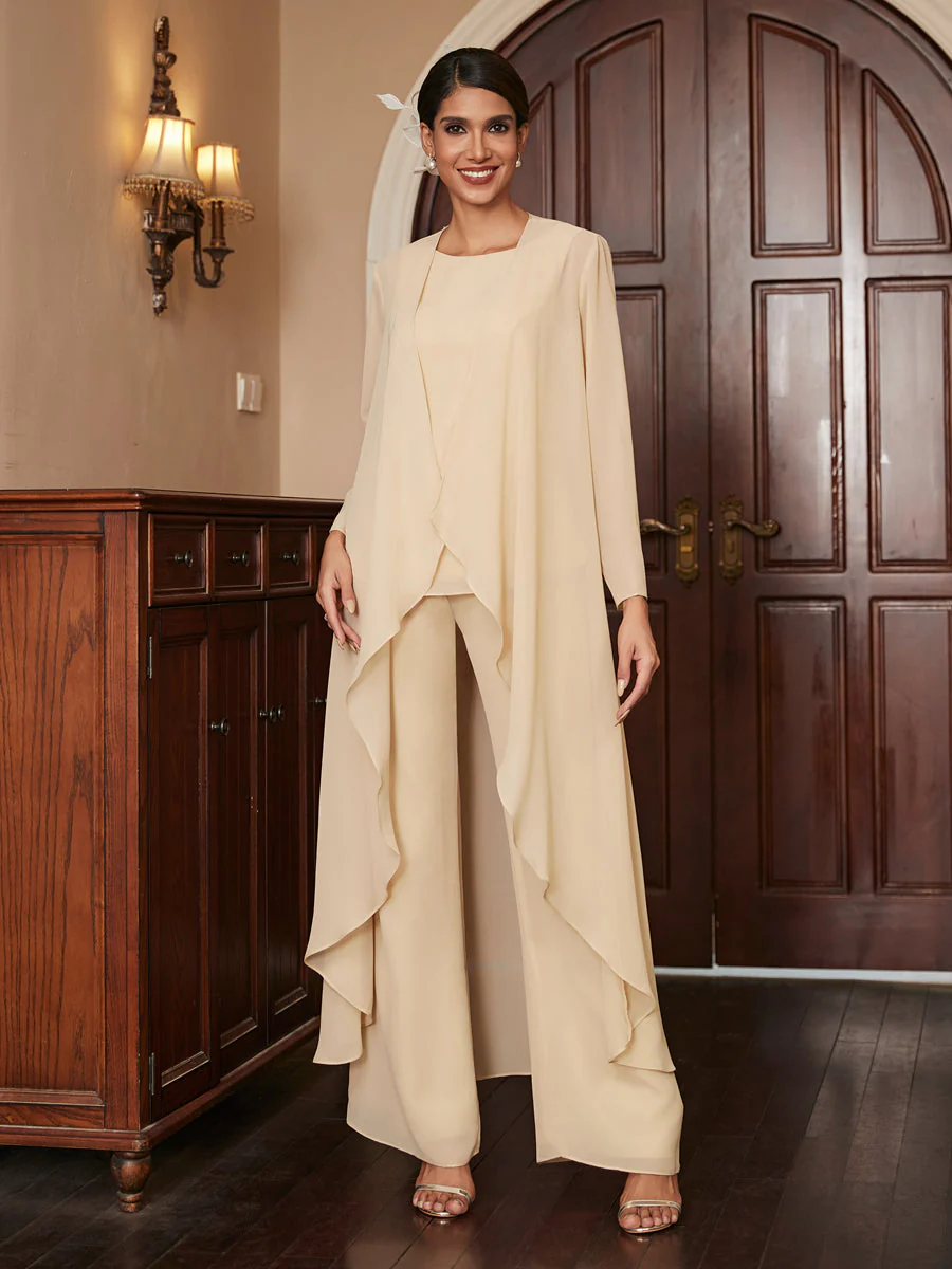 Chiffon Scoop Long Sleeves 3 Pieces Pantsuits with Jacket - Image 3