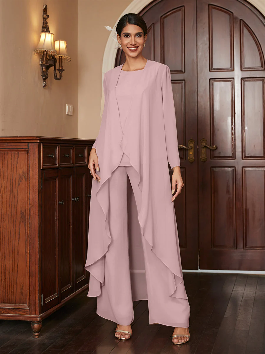 Chiffon Scoop Long Sleeves 3 Pieces Pantsuits with Jacket - Image 30