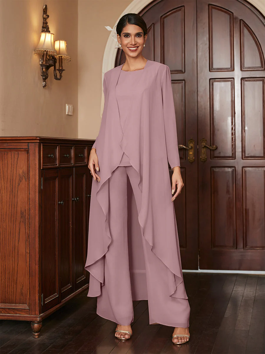 Chiffon Scoop Long Sleeves 3 Pieces Pantsuits with Jacket - Image 31
