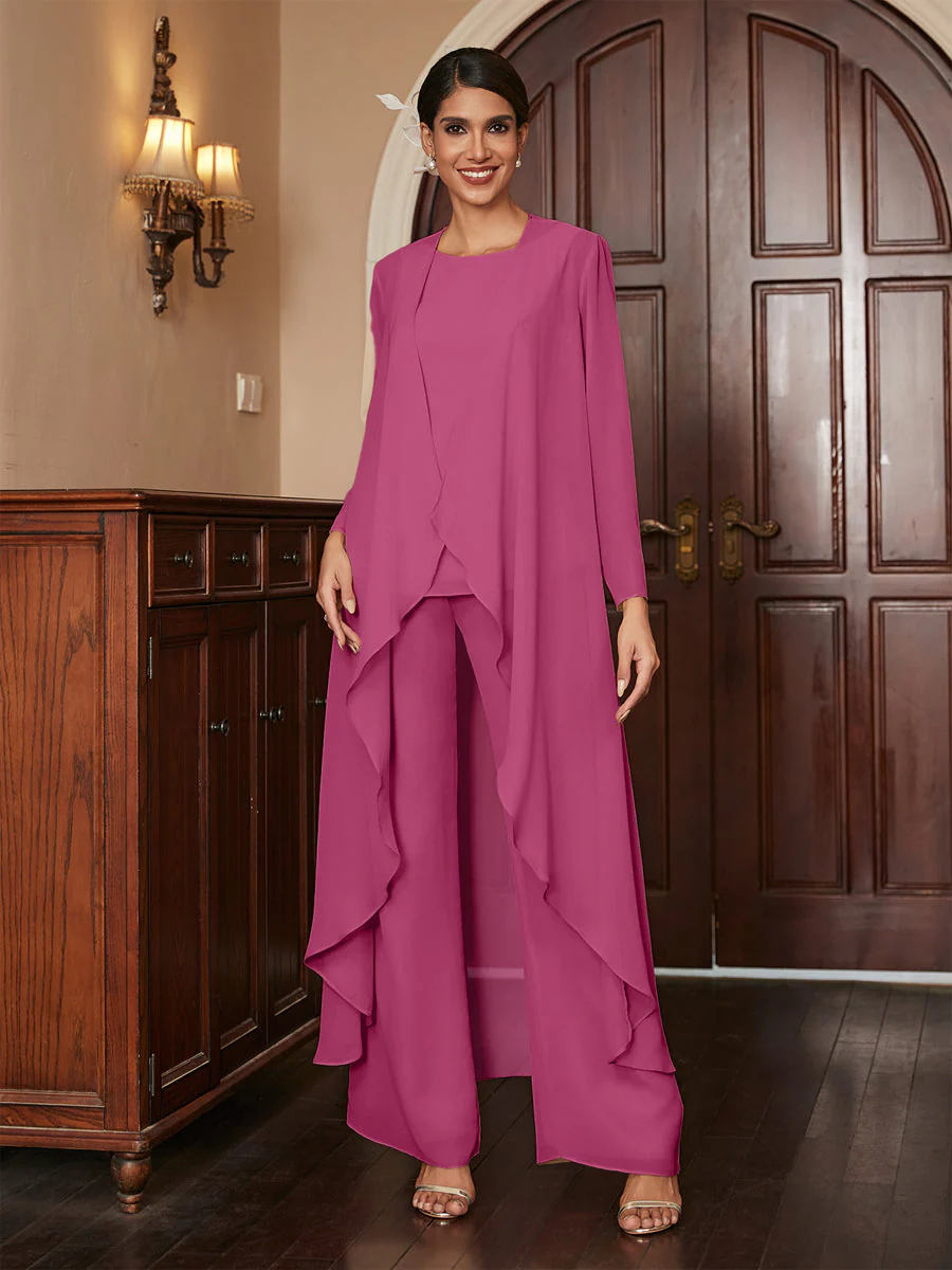 Chiffon Scoop Long Sleeves 3 Pieces Pantsuits with Jacket - Image 35