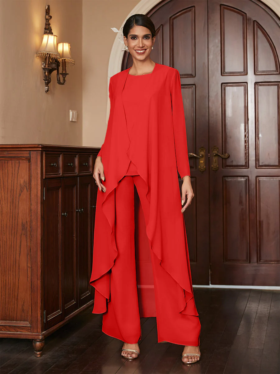 Chiffon Scoop Long Sleeves 3 Pieces Pantsuits with Jacket - Image 36