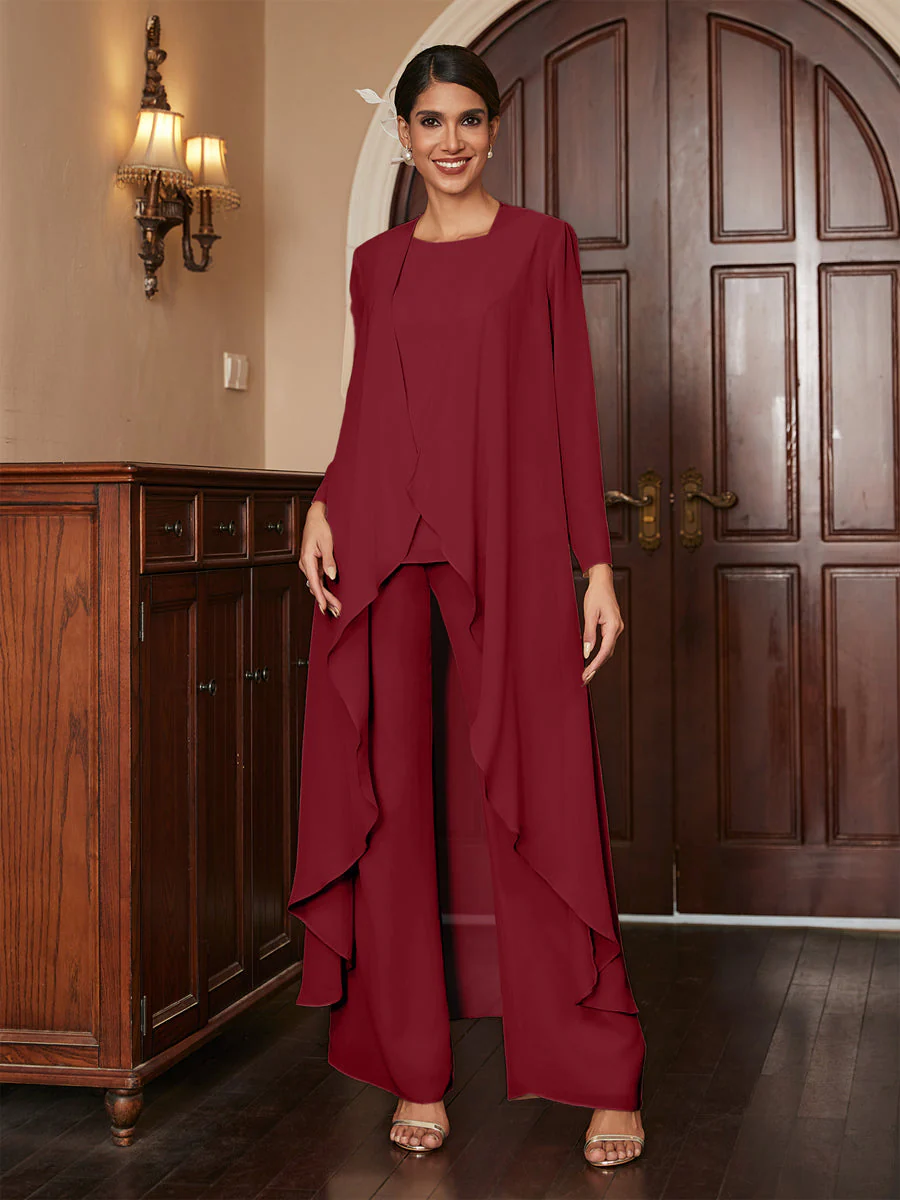 Chiffon Scoop Long Sleeves 3 Pieces Pantsuits with Jacket - Image 37