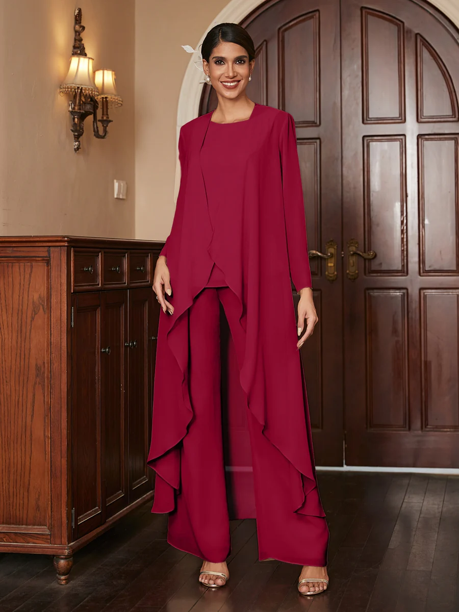 Chiffon Scoop Long Sleeves 3 Pieces Pantsuits with Jacket - Image 38