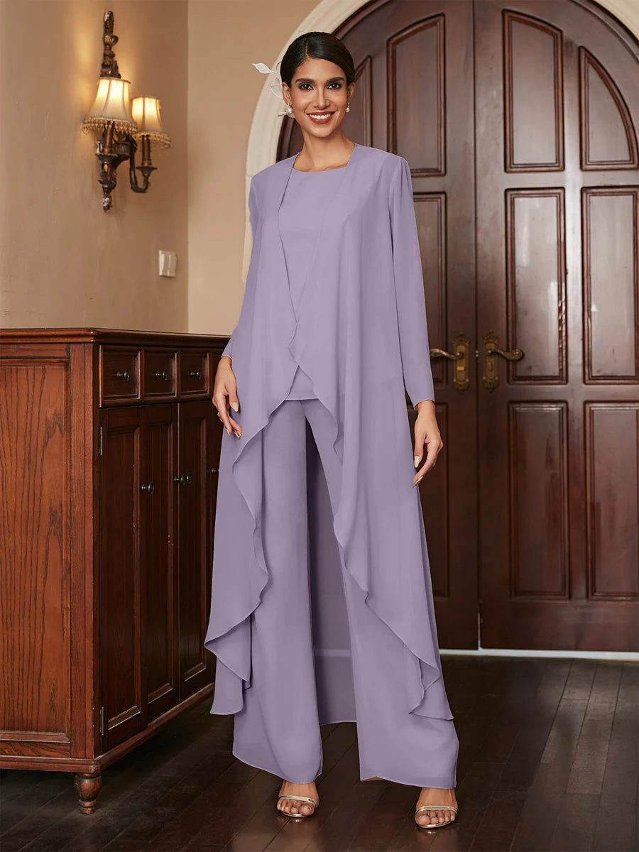Chiffon Scoop Long Sleeves 3 Pieces Pantsuits with Jacket - Image 39