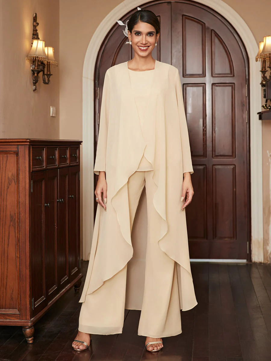 Chiffon Scoop Long Sleeves 3 Pieces Pantsuits with Jacket - Image 4