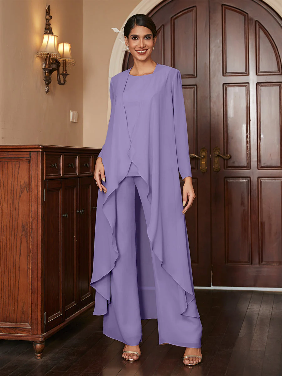 Chiffon Scoop Long Sleeves 3 Pieces Pantsuits with Jacket - Image 41