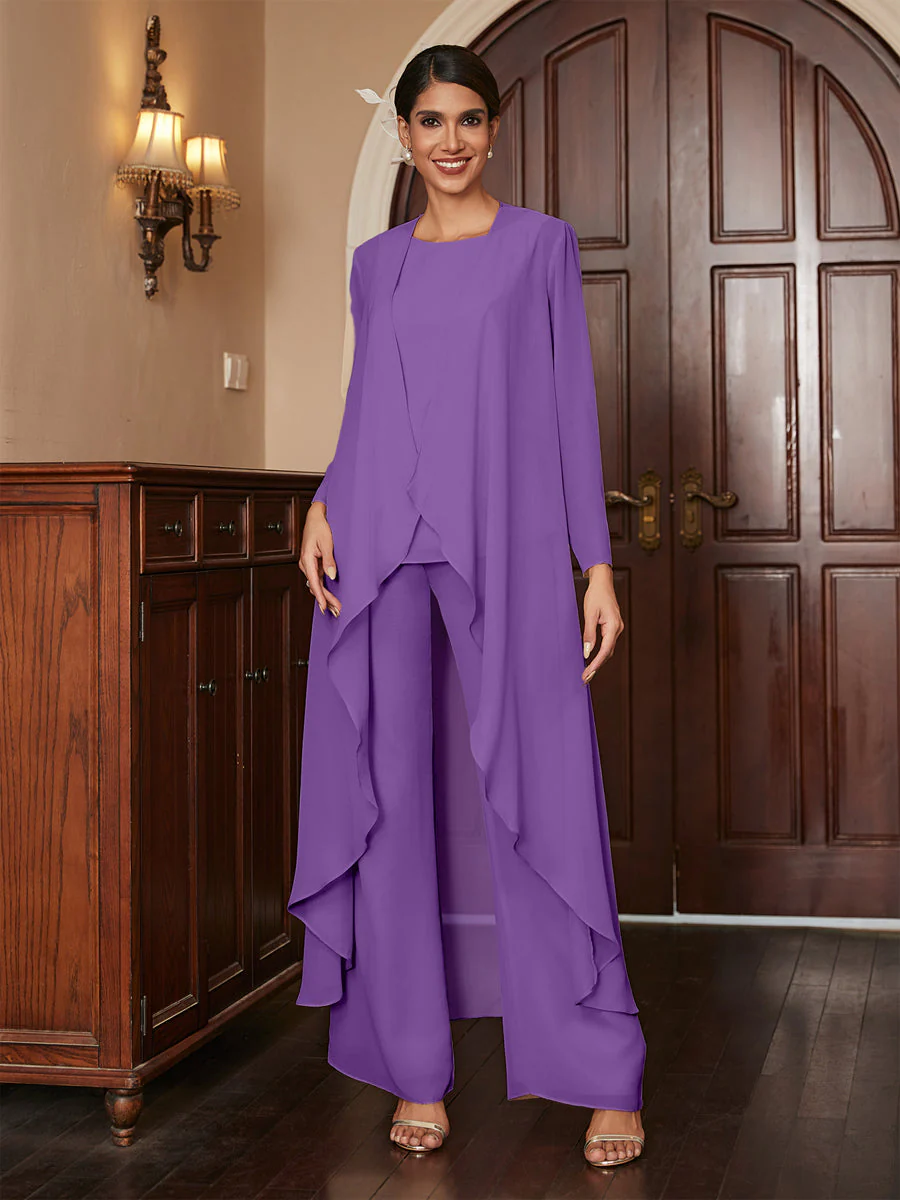 Chiffon Scoop Long Sleeves 3 Pieces Pantsuits with Jacket - Image 42