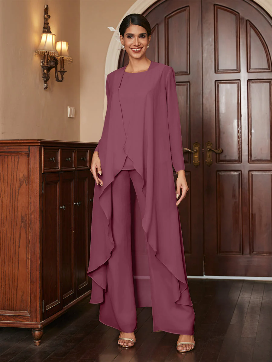 Chiffon Scoop Long Sleeves 3 Pieces Pantsuits with Jacket - Image 43