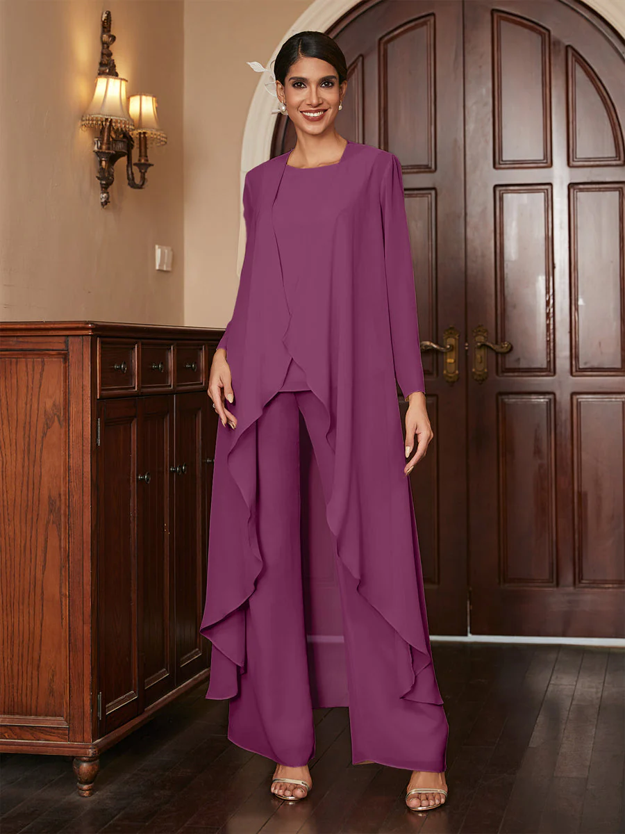 Chiffon Scoop Long Sleeves 3 Pieces Pantsuits with Jacket - Image 44
