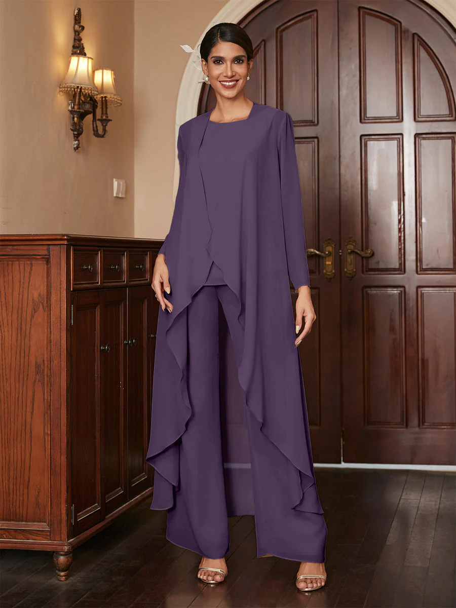 Chiffon Scoop Long Sleeves 3 Pieces Pantsuits with Jacket - Image 45
