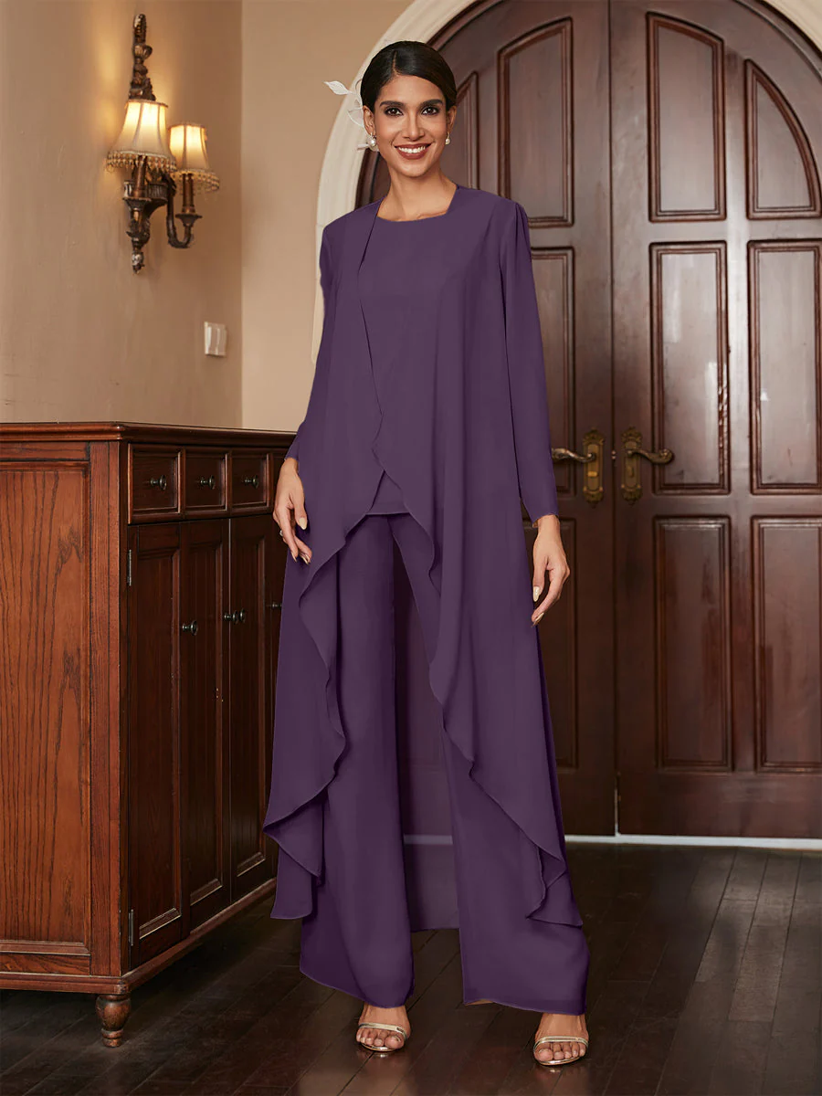 Chiffon Scoop Long Sleeves 3 Pieces Pantsuits with Jacket - Image 46