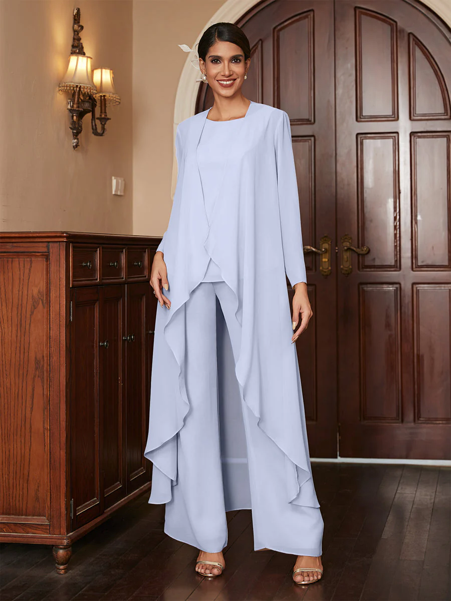 Chiffon Scoop Long Sleeves 3 Pieces Pantsuits with Jacket - Image 48