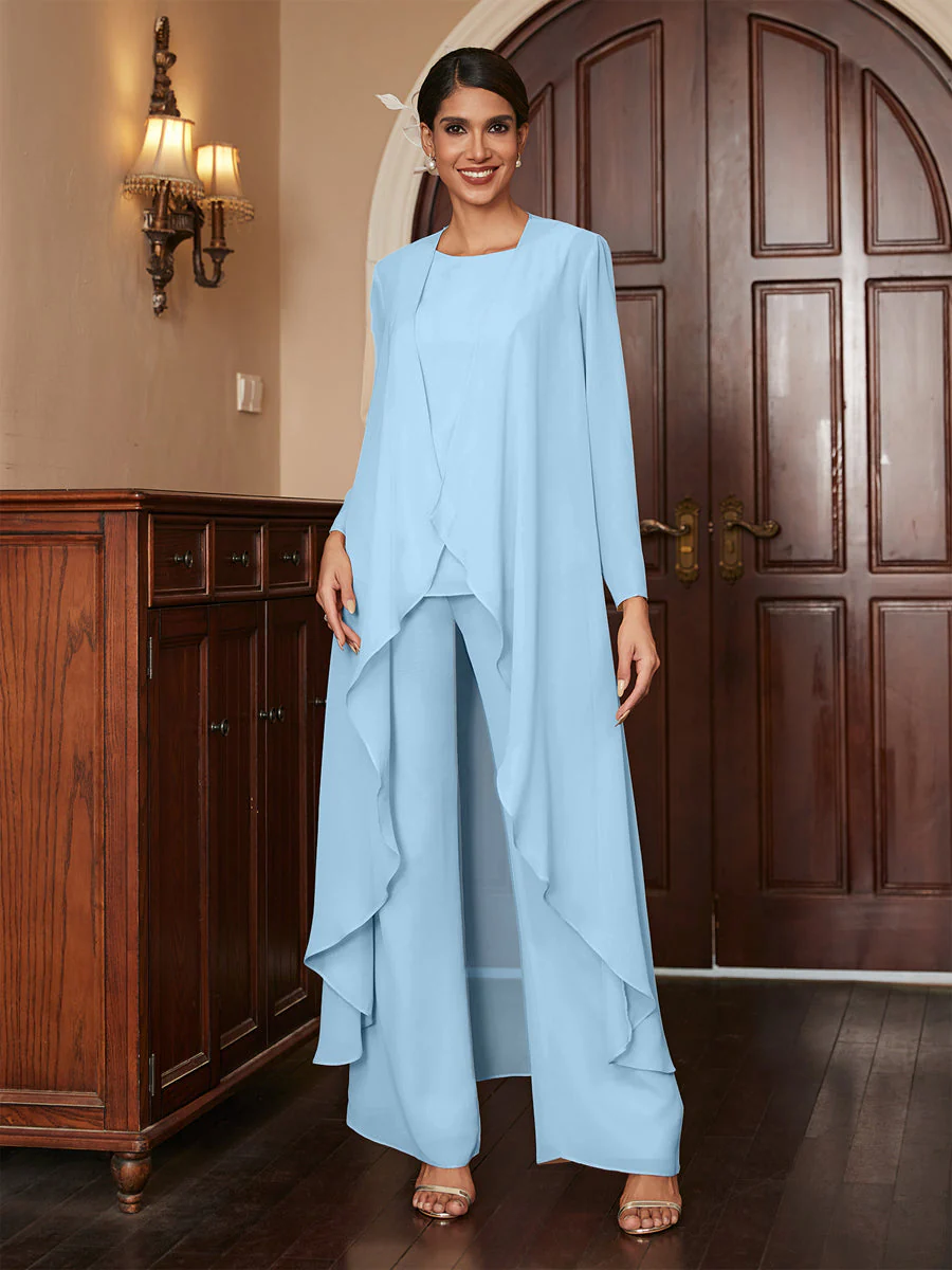 Chiffon Scoop Long Sleeves 3 Pieces Pantsuits with Jacket - Image 50
