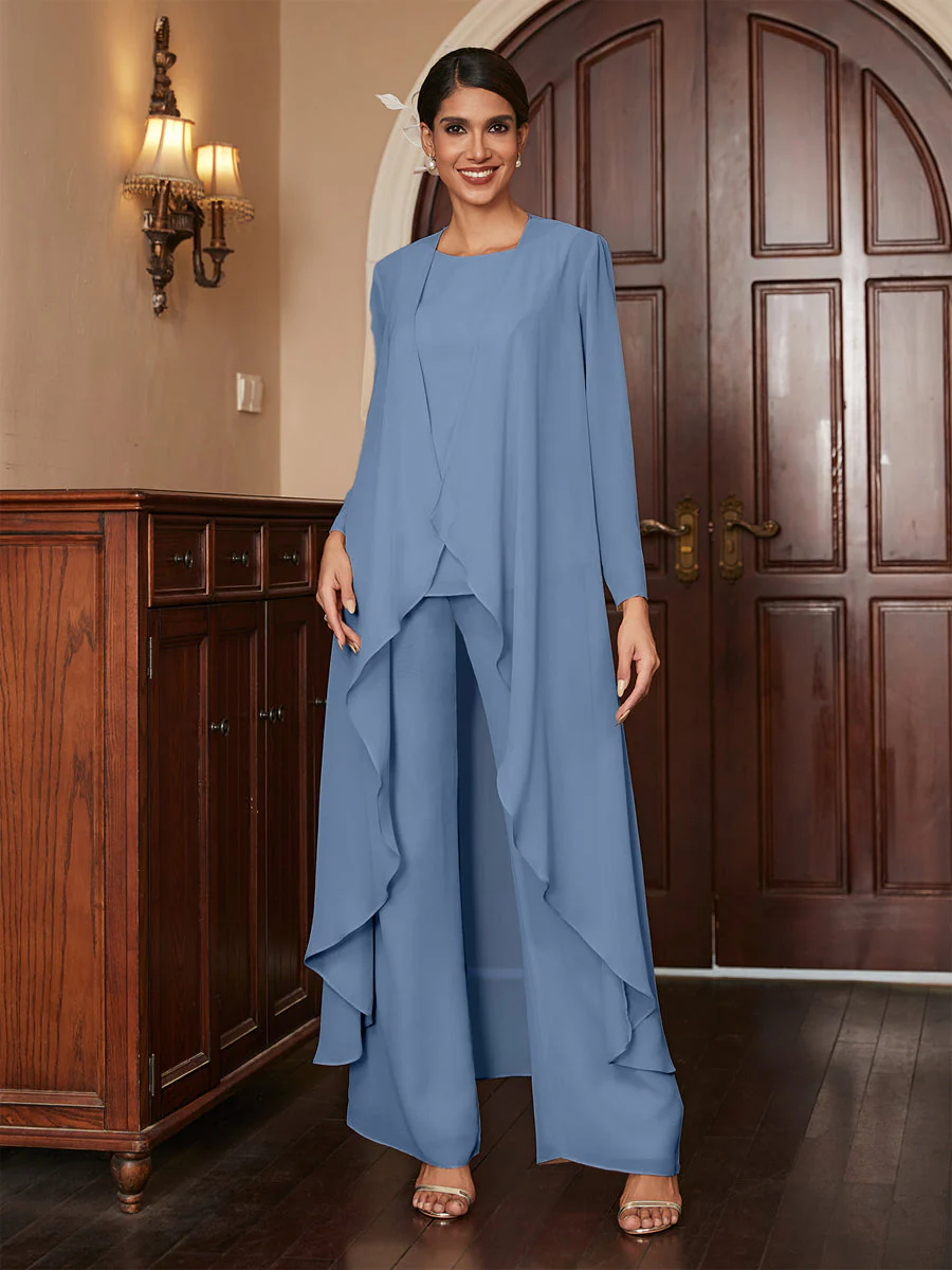 Chiffon Scoop Long Sleeves 3 Pieces Pantsuits with Jacket - Image 51