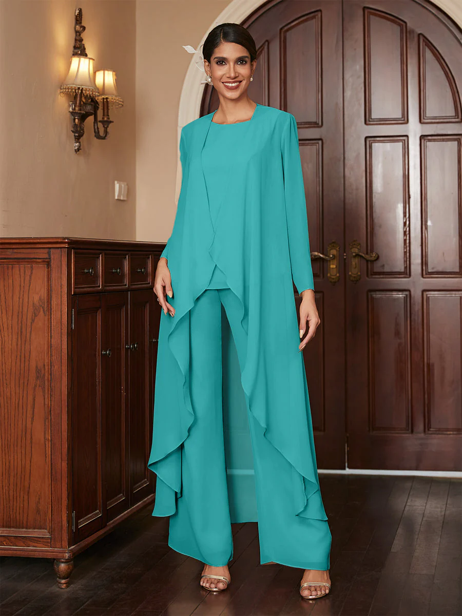 Chiffon Scoop Long Sleeves 3 Pieces Pantsuits with Jacket - Image 52