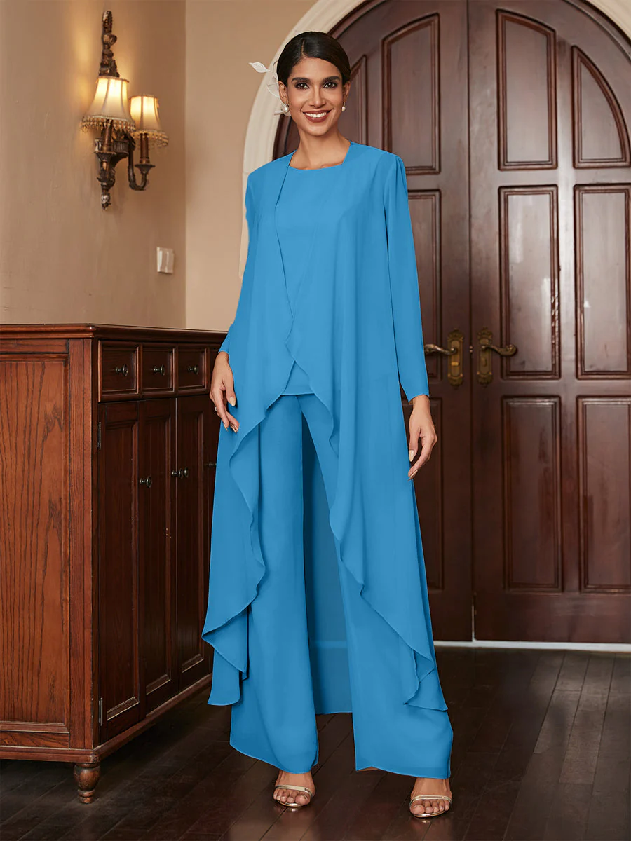 Chiffon Scoop Long Sleeves 3 Pieces Pantsuits with Jacket - Image 53