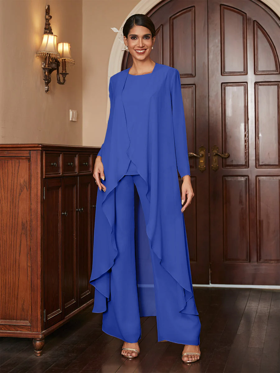Chiffon Scoop Long Sleeves 3 Pieces Pantsuits with Jacket - Image 54