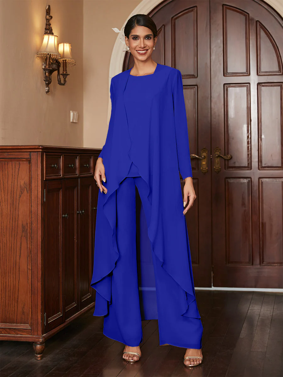 Chiffon Scoop Long Sleeves 3 Pieces Pantsuits with Jacket - Image 55