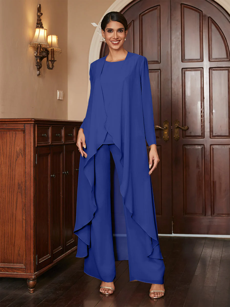 Chiffon Scoop Long Sleeves 3 Pieces Pantsuits with Jacket - Image 56