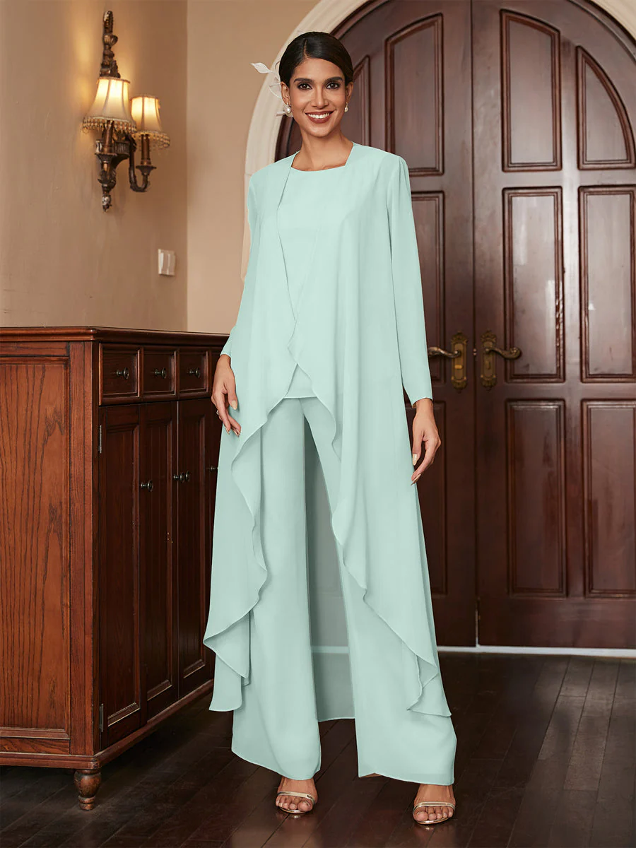 Chiffon Scoop Long Sleeves 3 Pieces Pantsuits with Jacket - Image 60