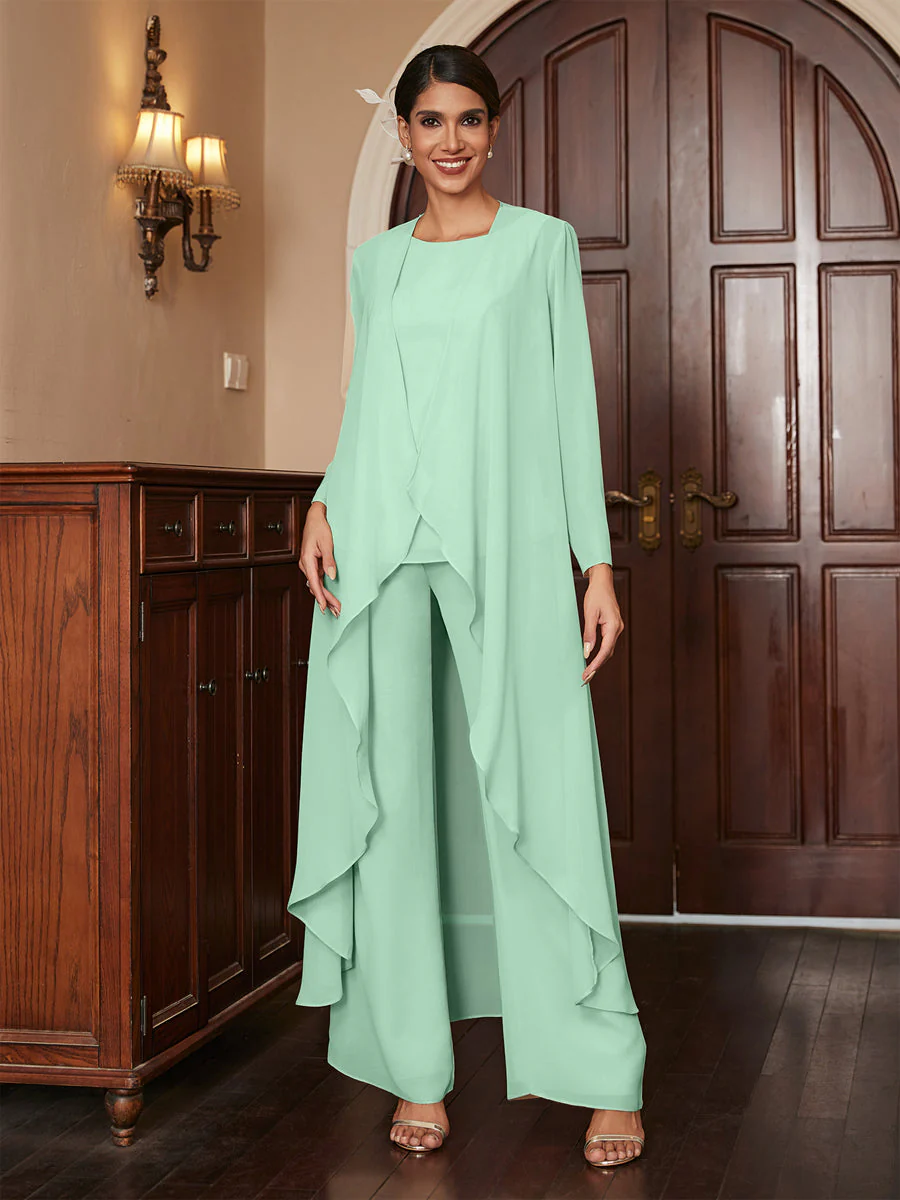Chiffon Scoop Long Sleeves 3 Pieces Pantsuits with Jacket - Image 61