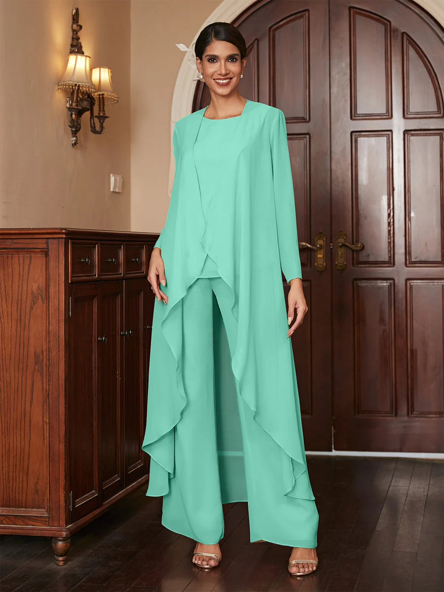 Chiffon Scoop Long Sleeves 3 Pieces Pantsuits with Jacket - Image 62