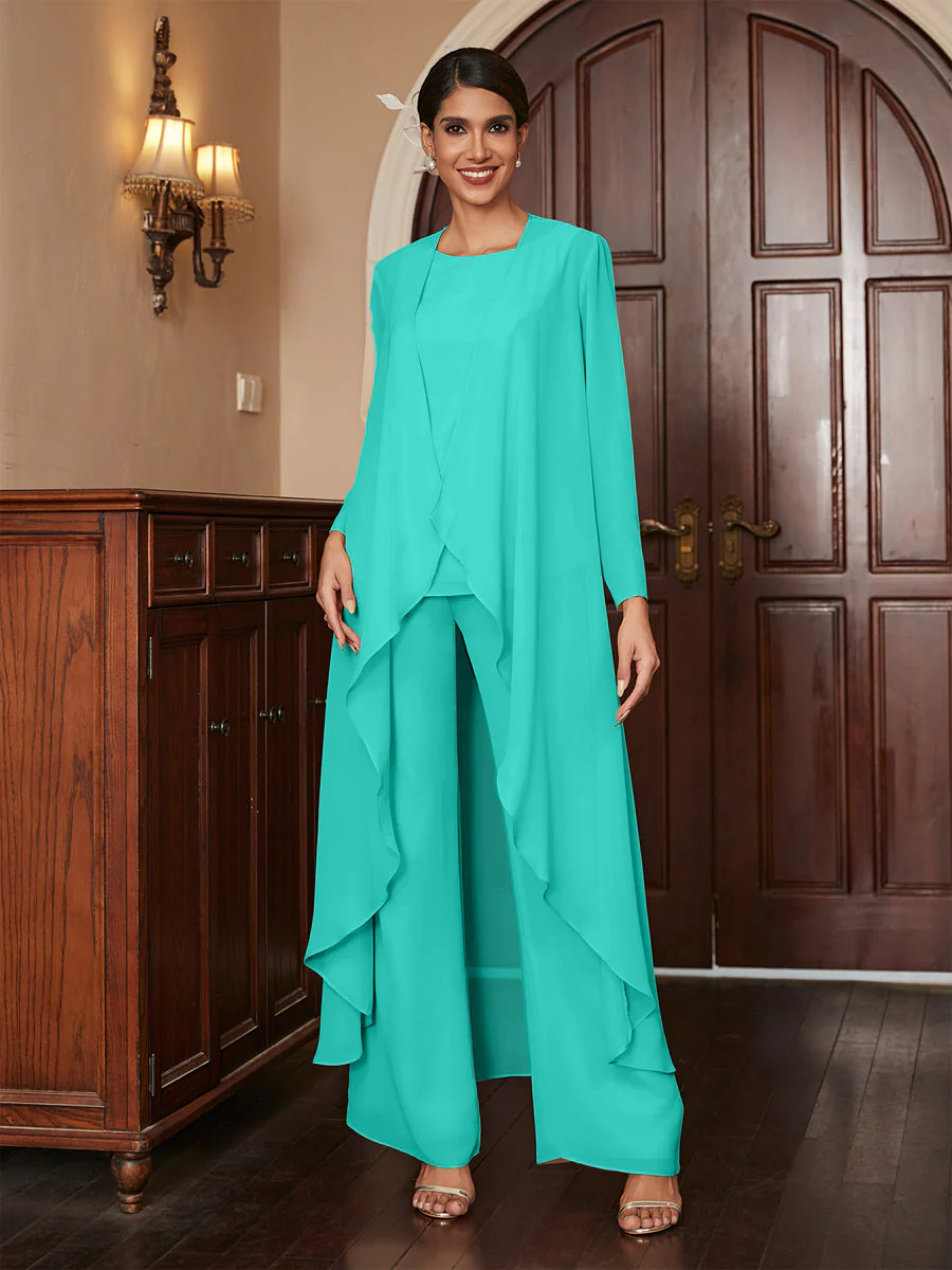 Chiffon Scoop Long Sleeves 3 Pieces Pantsuits with Jacket - Image 63