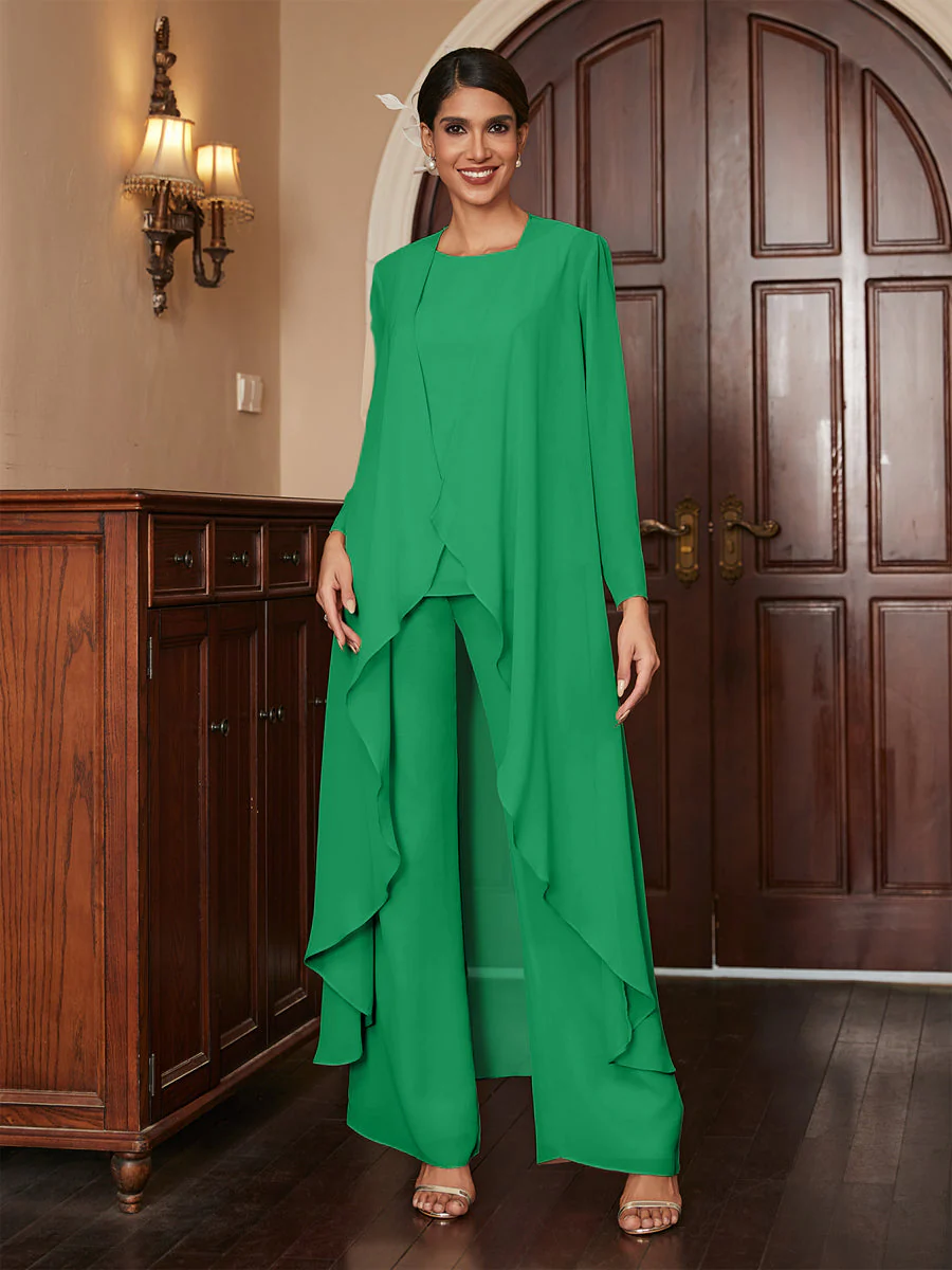 Chiffon Scoop Long Sleeves 3 Pieces Pantsuits with Jacket - Image 64