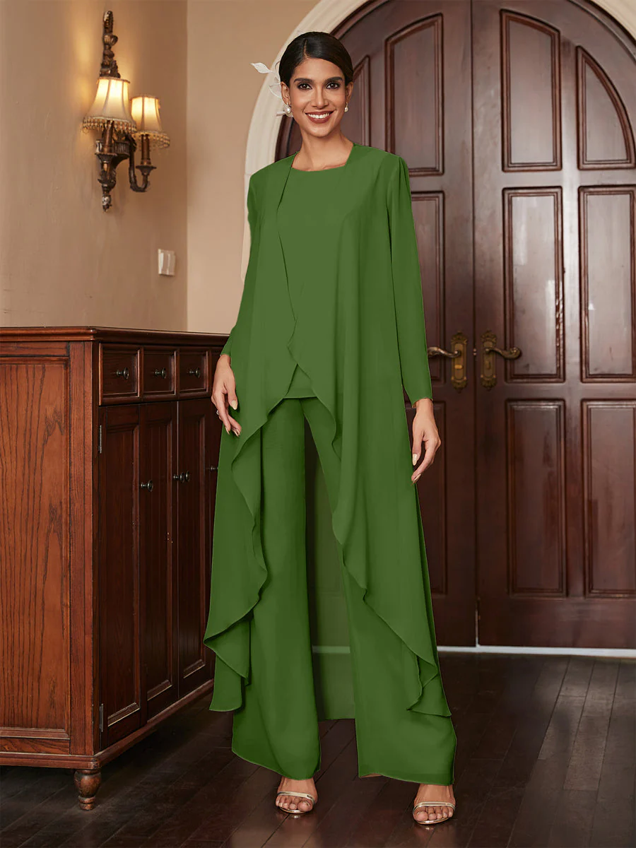 Chiffon Scoop Long Sleeves 3 Pieces Pantsuits with Jacket - Image 65