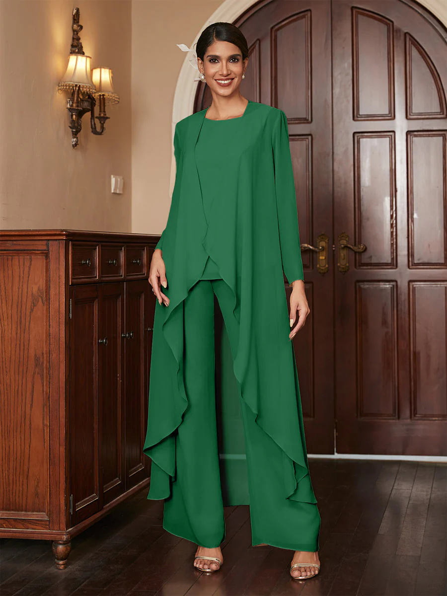 Chiffon Scoop Long Sleeves 3 Pieces Pantsuits with Jacket - Image 67