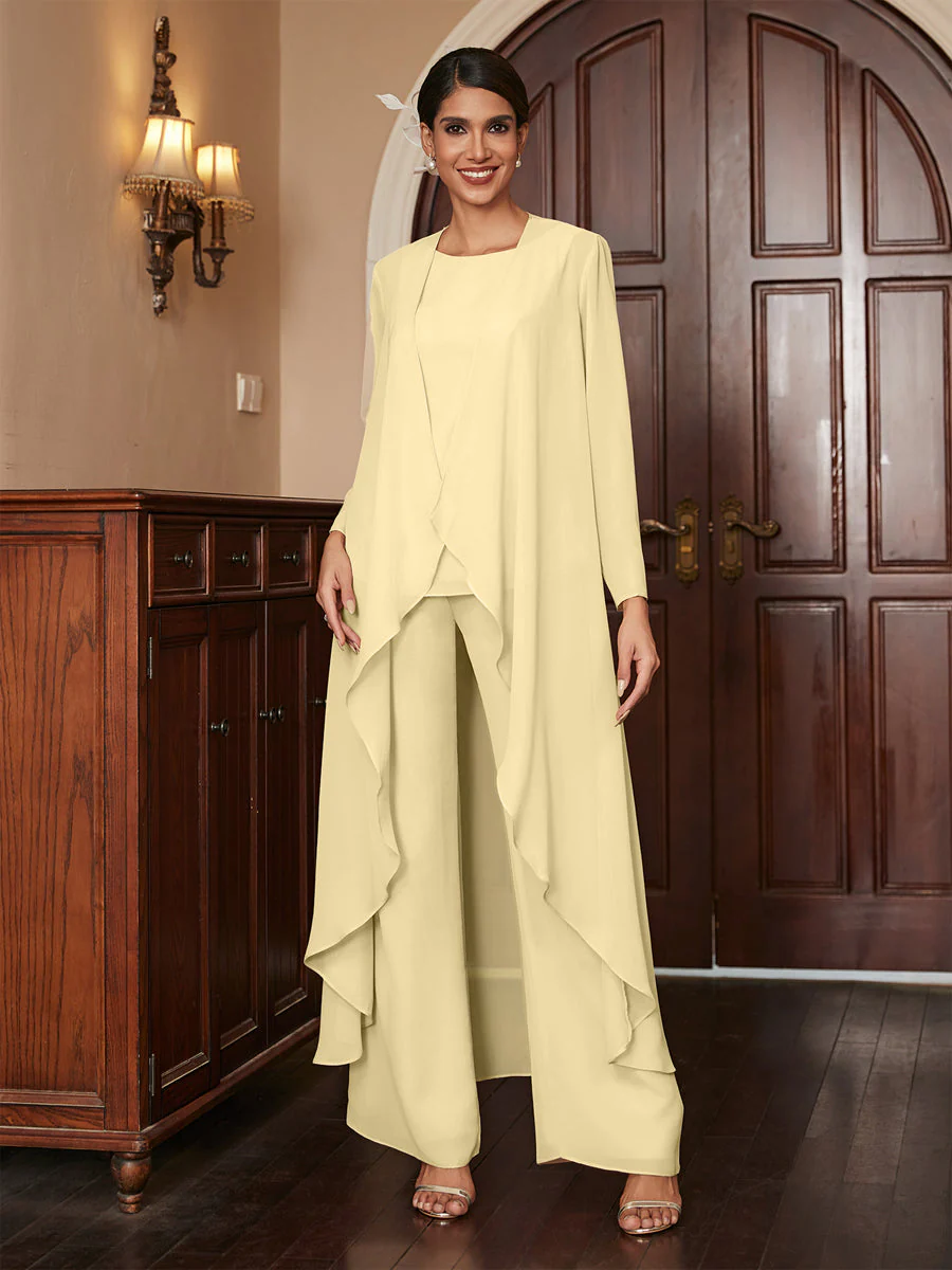 Chiffon Scoop Long Sleeves 3 Pieces Pantsuits with Jacket - Image 68