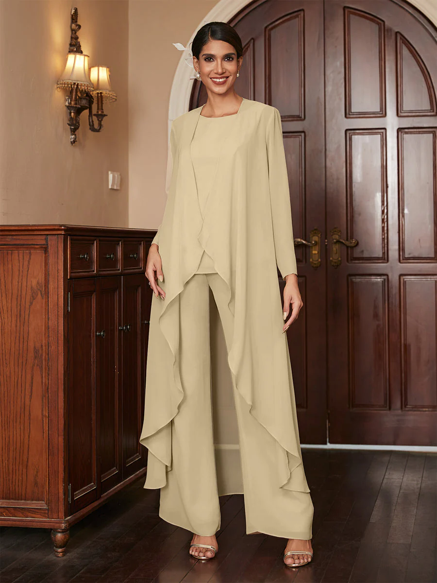 Chiffon Scoop Long Sleeves 3 Pieces Pantsuits with Jacket - Image 7