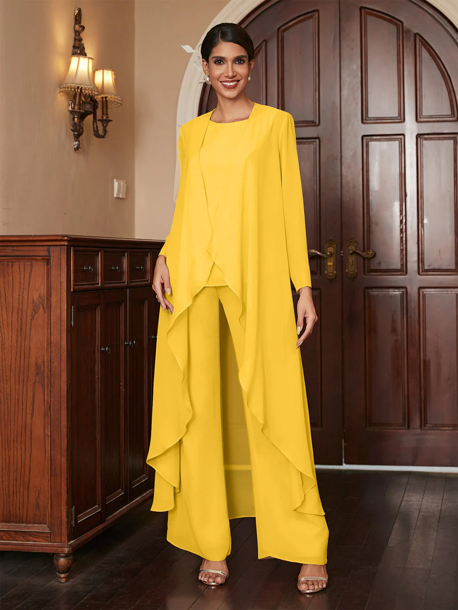 Chiffon Scoop Long Sleeves 3 Pieces Pantsuits with Jacket - Image 71