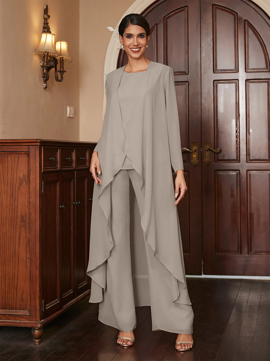 Chiffon Scoop Long Sleeves 3 Pieces Pantsuits with Jacket - Image 73